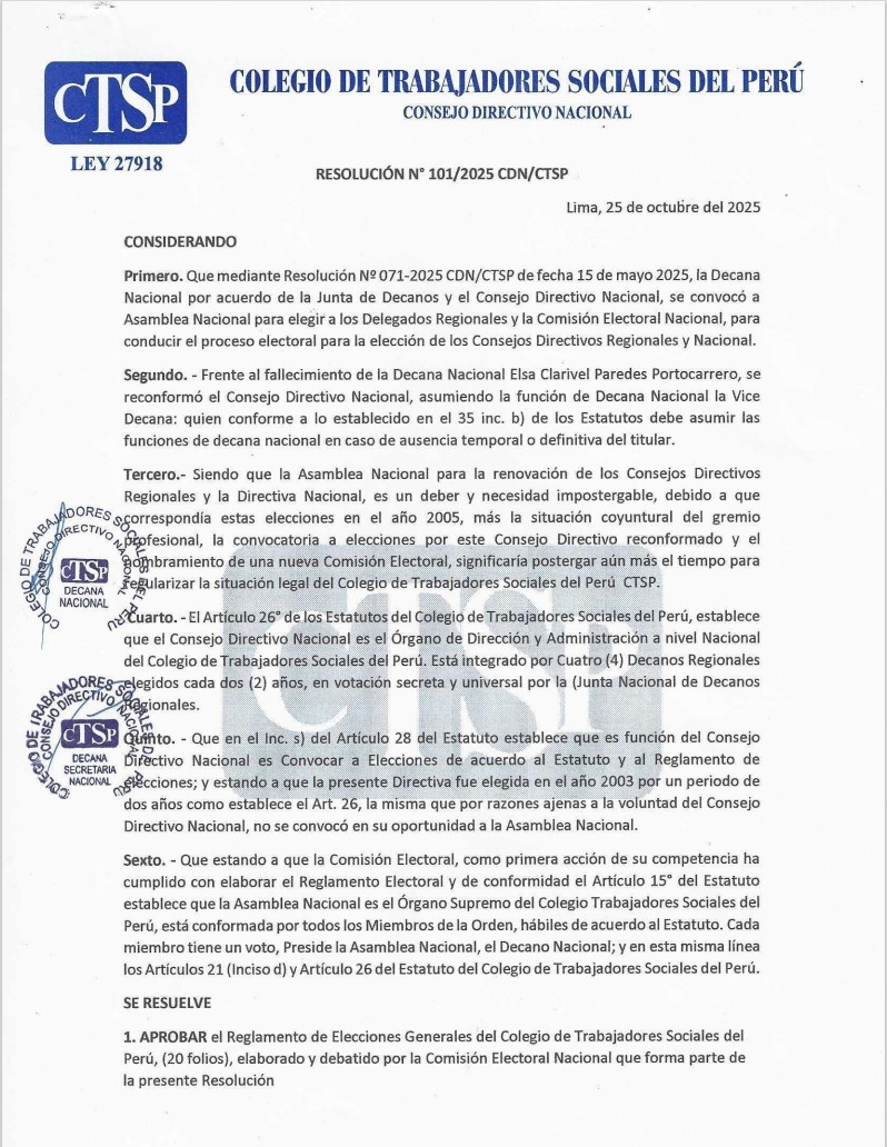 RESOLUCIÓN Nro. 101-2025/CDN/CTSP APROBACIÓN DEL REGLAMENTO DE ELECCIONES GENERALES DEL COLEGIO DE TRABAJADORES SOCIALES DEL PERÚ