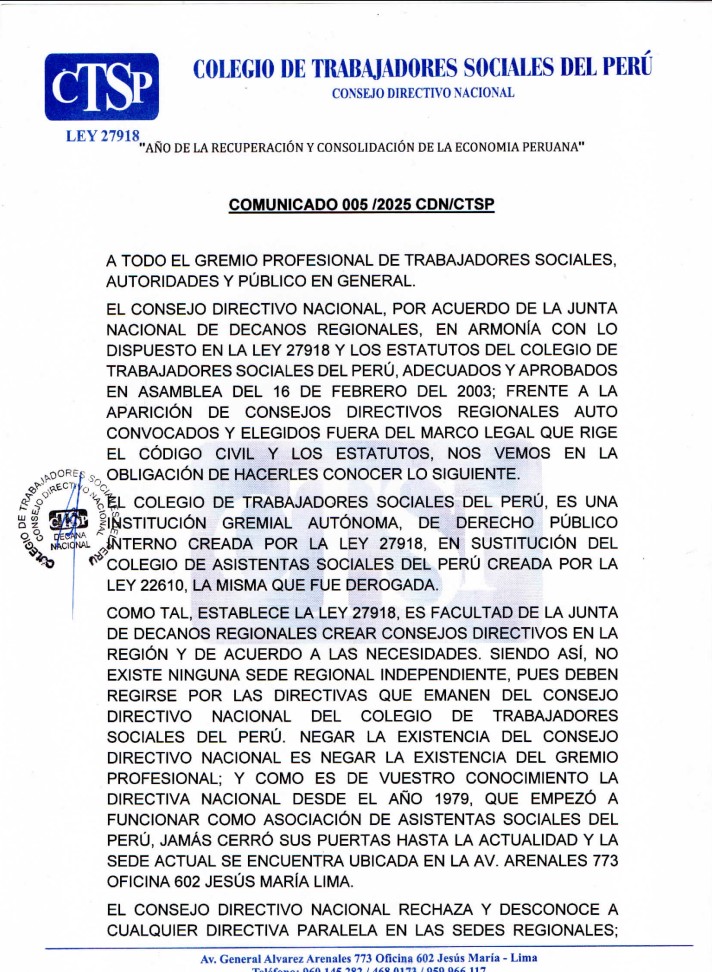 COMUNICADO 005-2025-CDN/CTSP