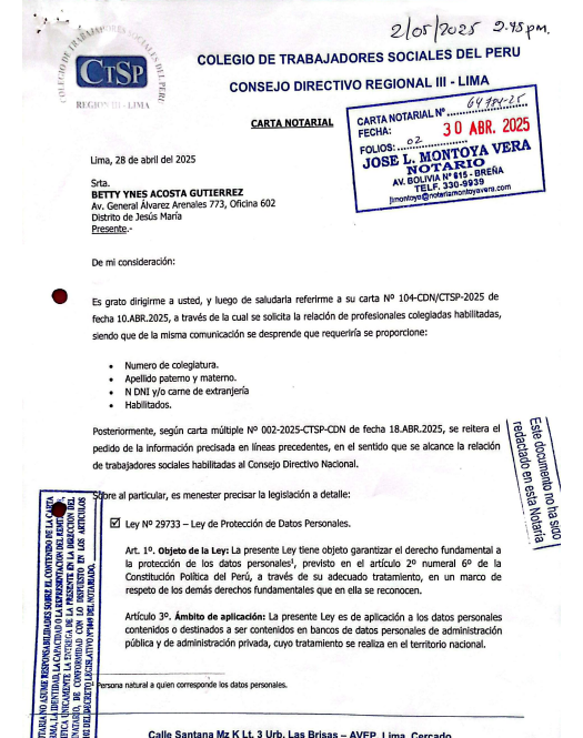 CARTA NOTARIAL DE FECHA 25 DE ABRIL DEL 2025 – REGION III LIMA
