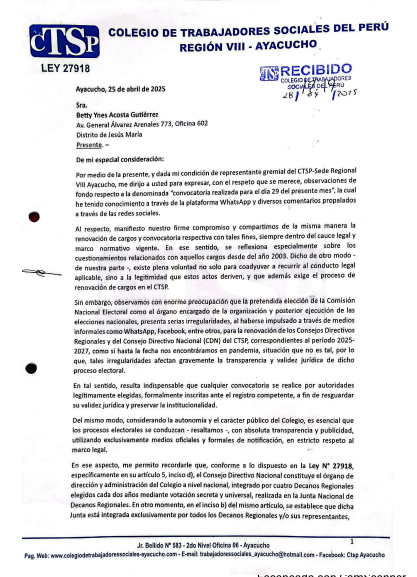 CARTA  REGIÓN VIII AYACUCHO S/N  DE FECHA 25 DE ABRIL DE 2025 LIC. SOCORRO C. OCHOA ROJAS